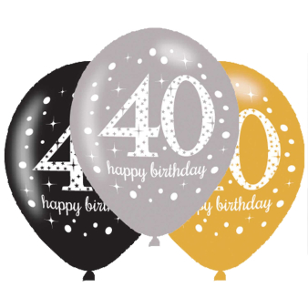 6 Latex Balloons Sparkling Birthday Age 40 27.5 cm / 11" 6 Latex Balloons Sparkling Birthday Age 40 27.5 cm / 11"