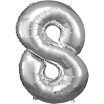 Large Number 8 Silver Foil Balloon N34 Packaged 86 cm x 57 c