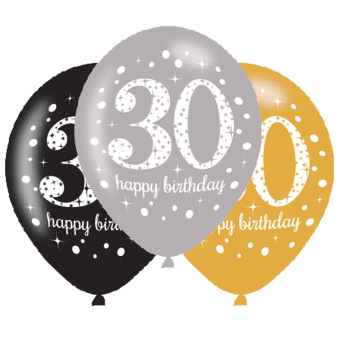 6 Latex Balloons Sparkling Birthday Age 30 27.5 cm / 11" 6 Latex Balloons Sparkling Birthday Age 30 27.5 cm / 11"
