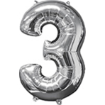 Mid Size Number 3 Silver Foil Balloon L26 Packaged 43cm x 66cm