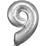 Large Number 9 Silver Foil Balloon N34 Packaged 89 cm x 60 c