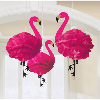 3 Fluffy Hanging Decorations Flamingo Paper 49.5 cm