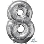 Mid Size Number 8 Silver Foil Balloon L26 Packaged 43cm x 66cm