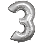 Large Number 3 Silver Foil Balloon N34 Packaged 92 cm x 58 c