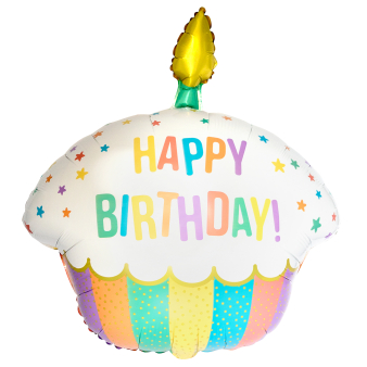 Large Shape Rainbow Birthday Cupcake Foil Balloon H40 packaged 58 cm x 66 cm