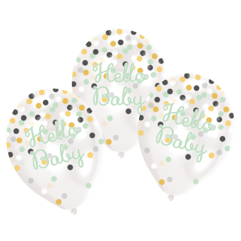 6 Latex Balloons Clear Confetti Filled Hello Baby 27.5 cm / 11"
