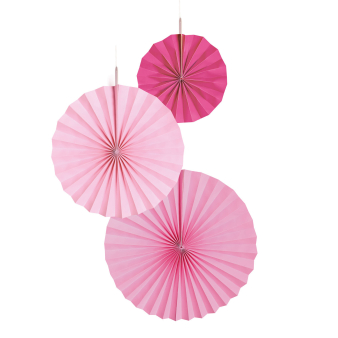 3 Fan Decorations Hot Pink Paper 18 cm / 30 cm / 38 cm