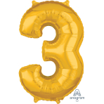 Mid Size Number 3 Gold Foil Balloon L26 Packaged 43cm x 66cm