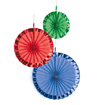 3 Fan Decorations Bright Rainbow Paper 18 cm / 30 cm / 38 cm