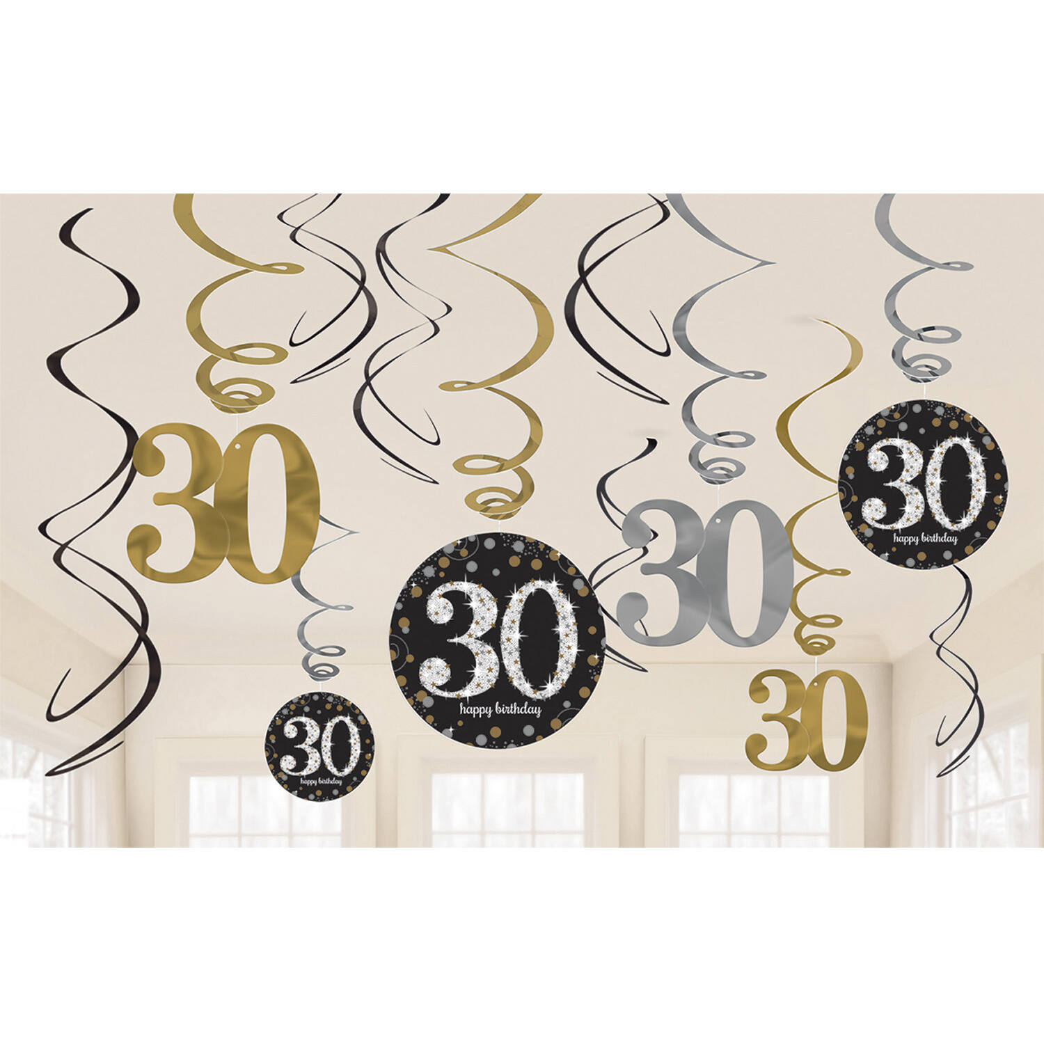 12 Swirl Decorations 30 Sparkling Celebration - Gold Foil / Paper 61 cm