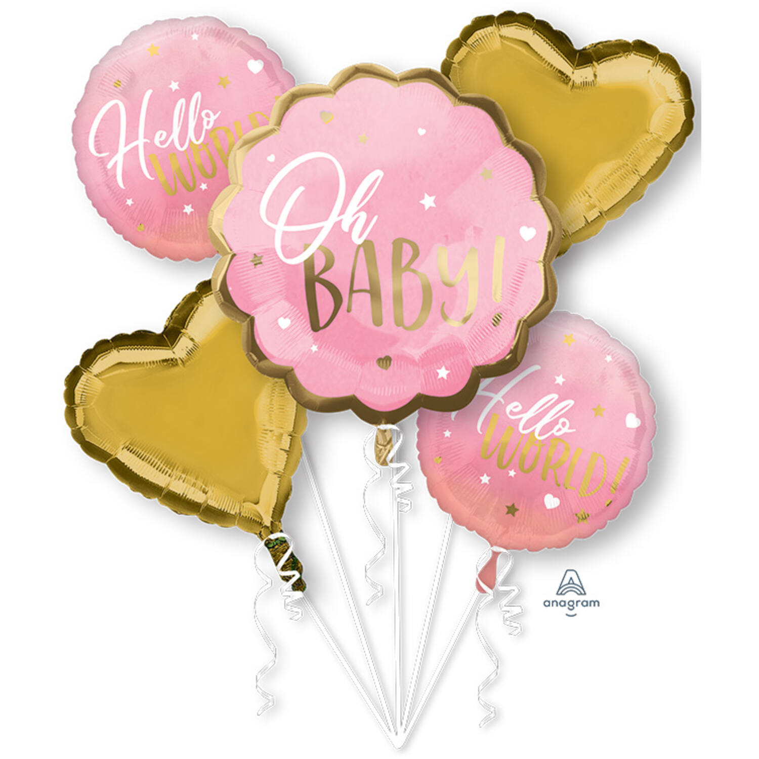 Foil Balloon Bouquet - Baby Girl - Pink and Gold - 5 pieces