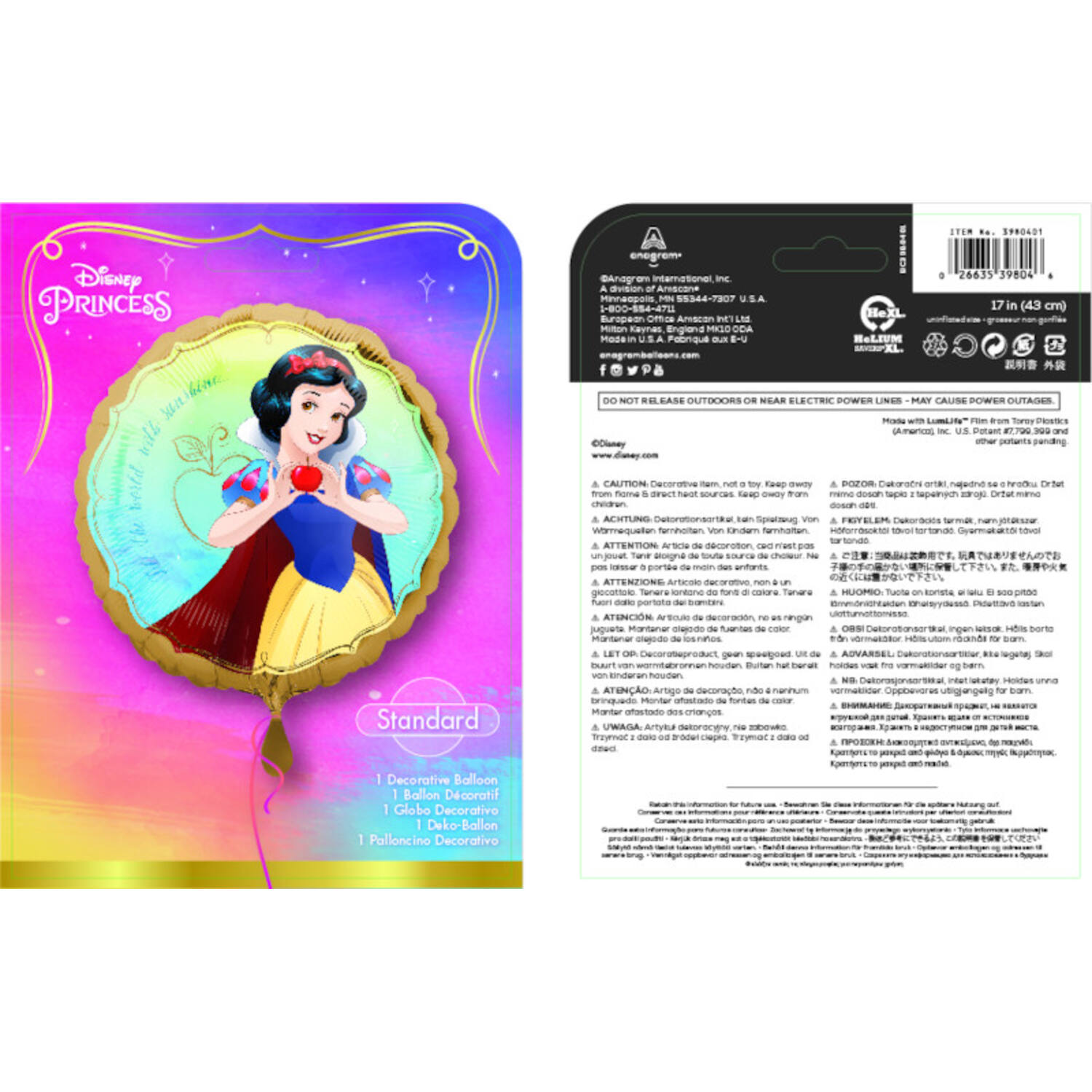Foil Balloon - Snow White - "Fill the world with sunshine" - 45 cm