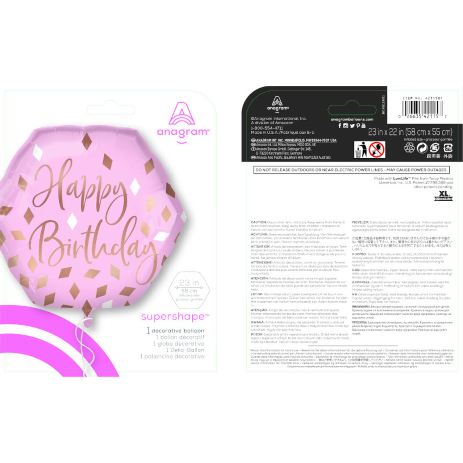Foil Balloon - Shape - Heptagon - "Happy Birthday" - Pink - 58 x 55 cm