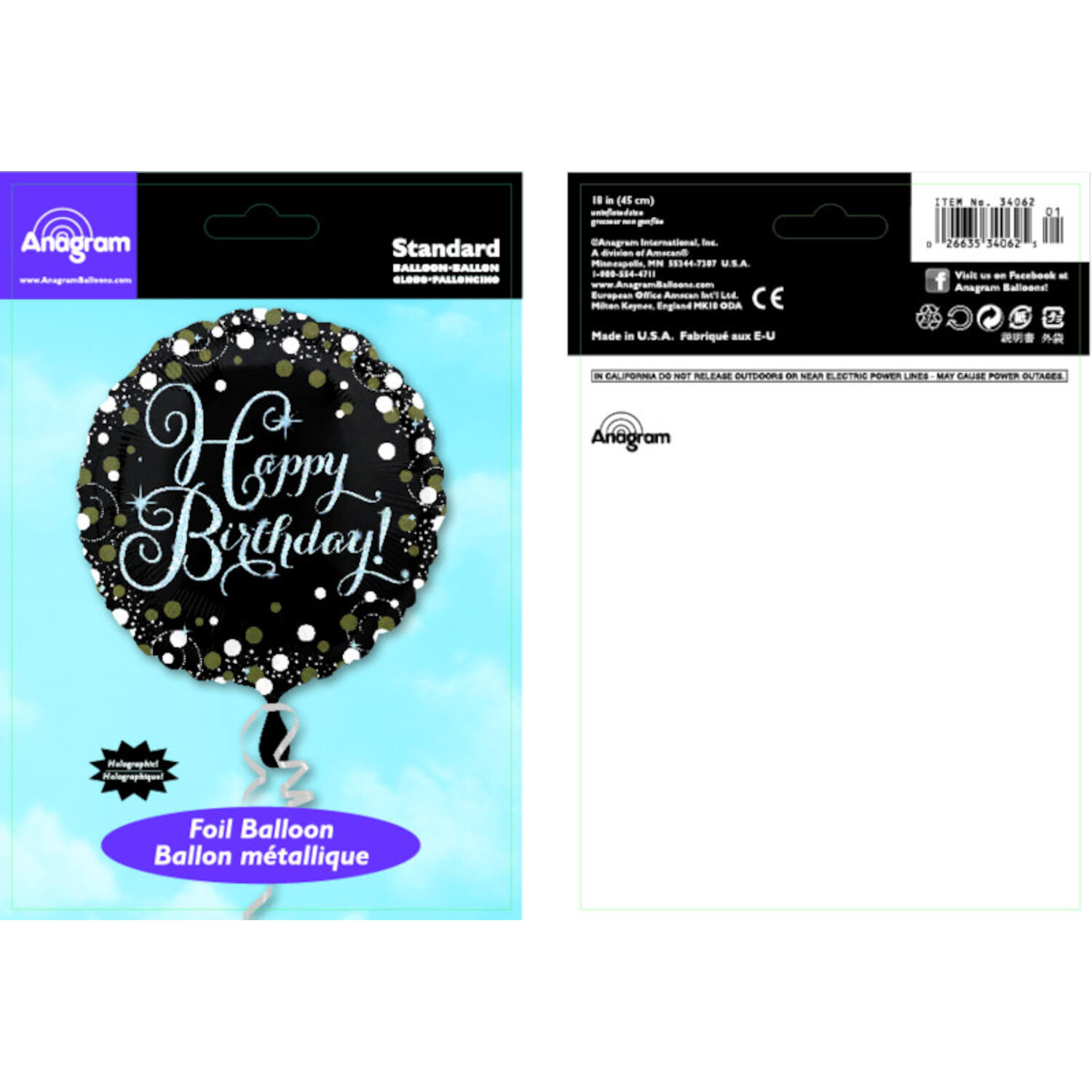 Foil Balloon - "Happy Birthday" - Holographic Glitter - 45 cm