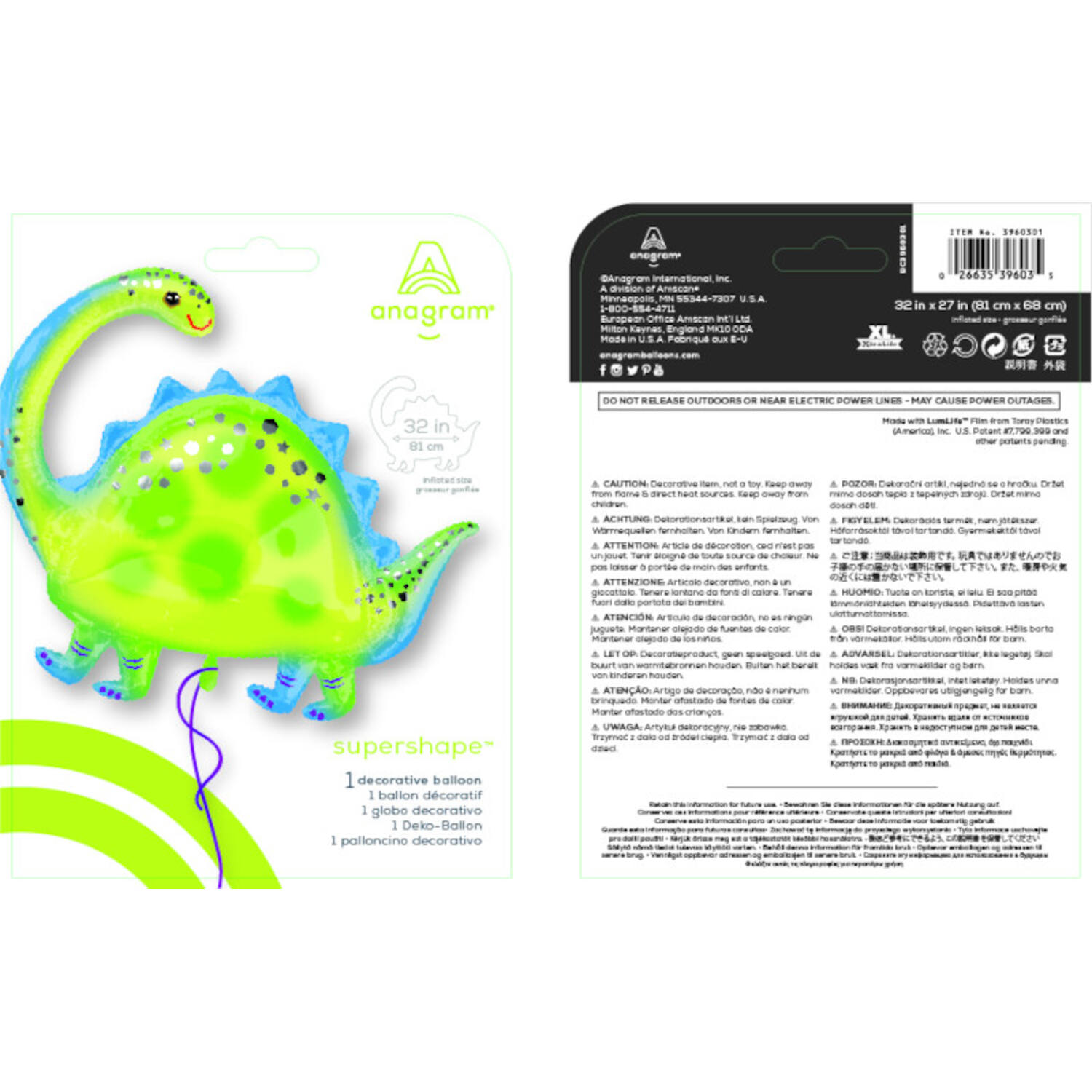 Foil Balloon - Shape - Brontosaurus - 81 x 68 cm