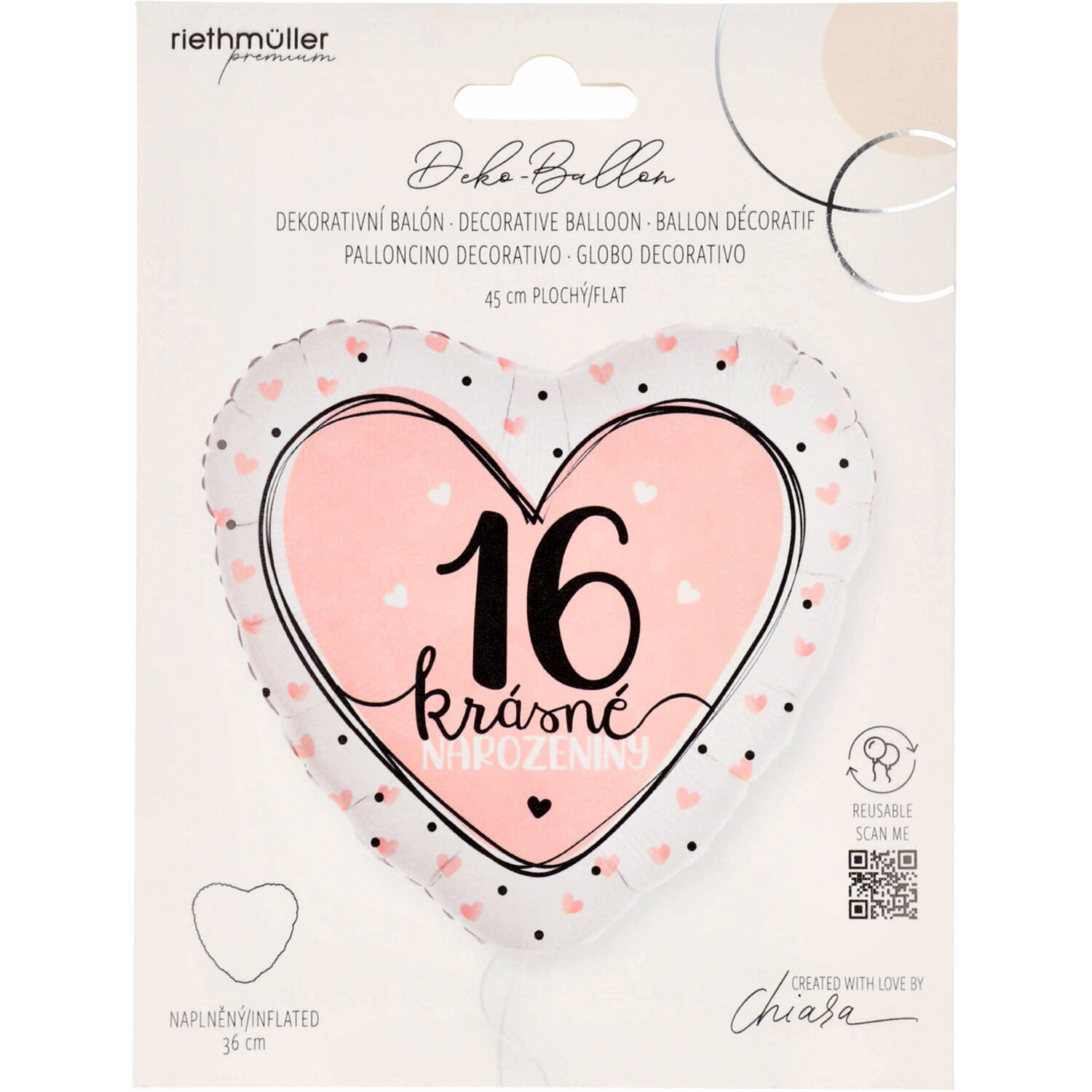 Standard Heart - 16. Krasne narozeniny - CZE Foil Balloon RP40 Packaged 45 cm