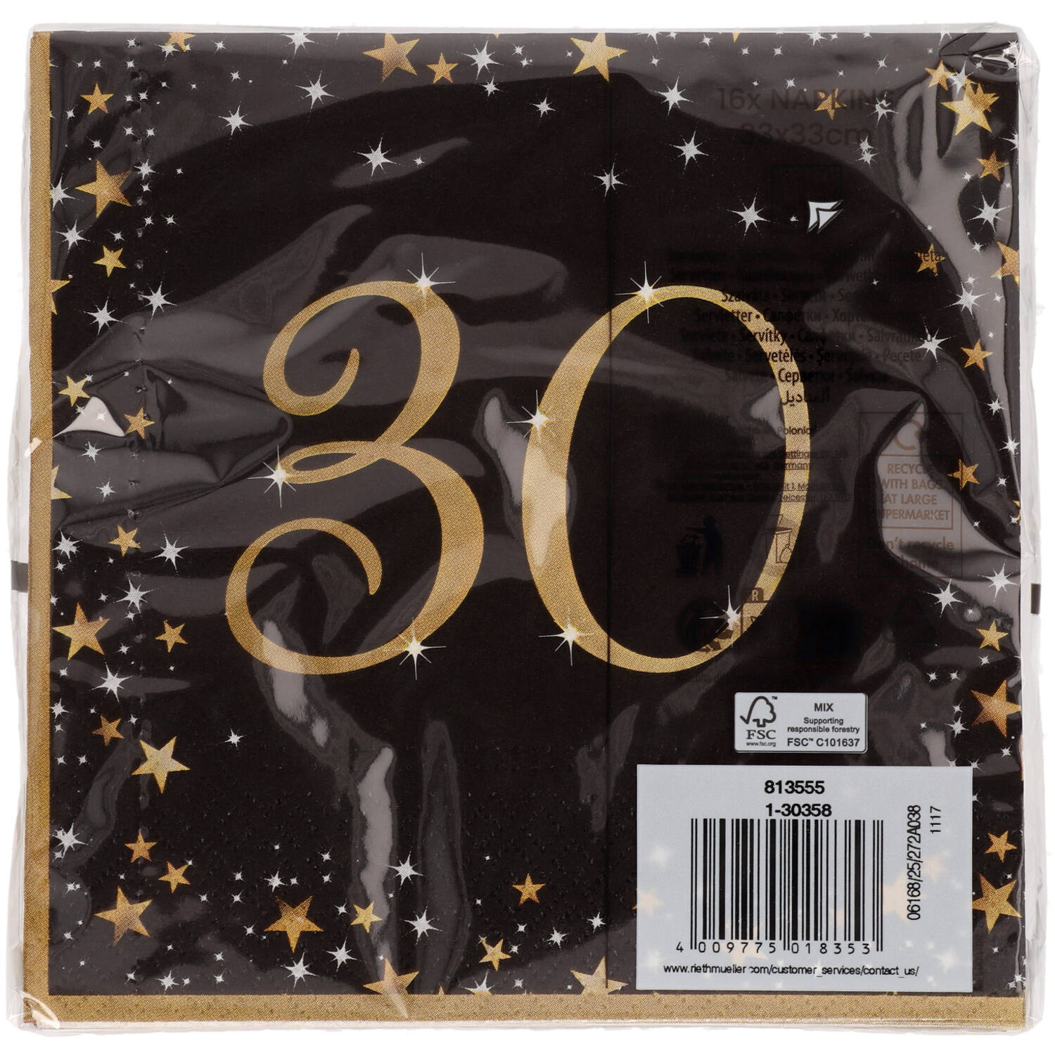 16 Napkins 30 Starlight Birthday - Silver & Gold 33 x 33 cm