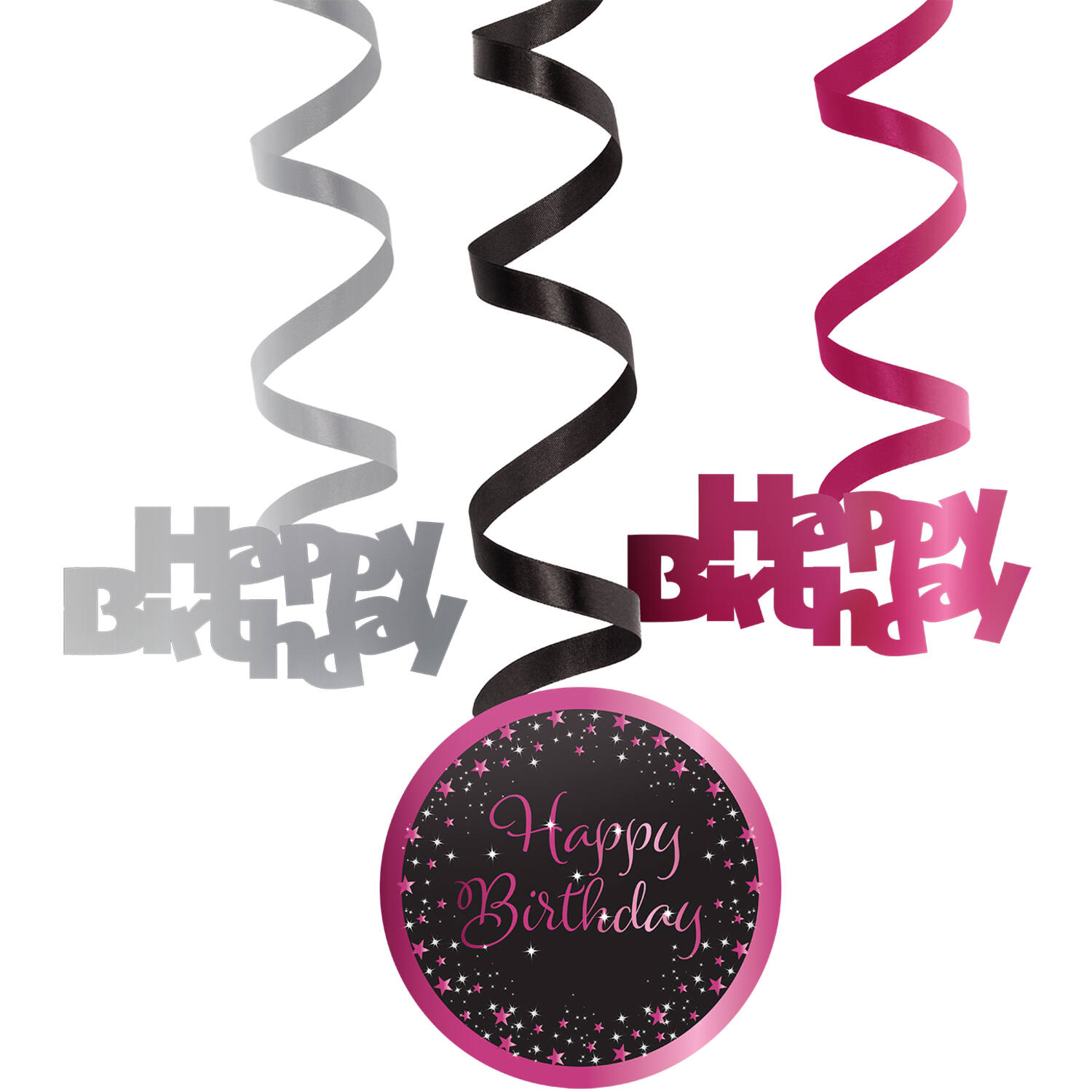 6 Swirl Decorations Starlight Birthday Pink Happy Birthday Paper / Foil 61 cm