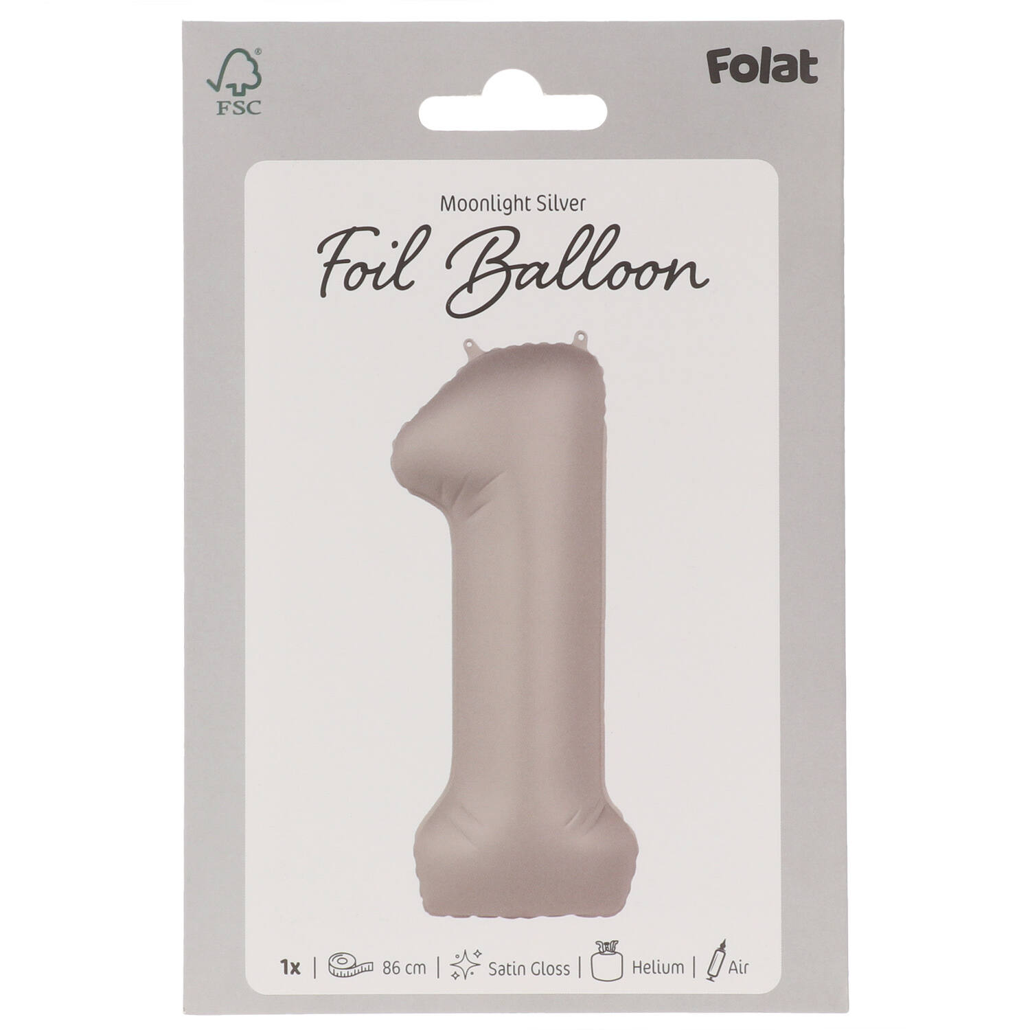 Foil balloon Number 1 - Moonlight Silver - Satin Gloss - 86 cm