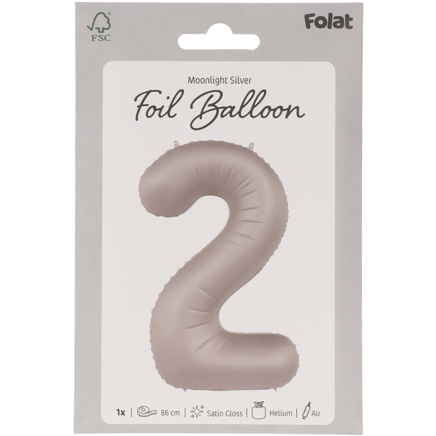 Foil balloon Number 2 - Moonlight Silver - Satin Gloss - 86 cm