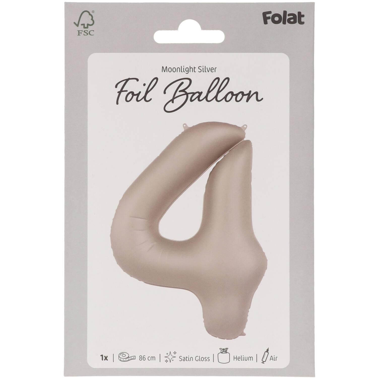 Foil balloon Number 4 - Moonlight Silver - Satin Gloss - 86 cm