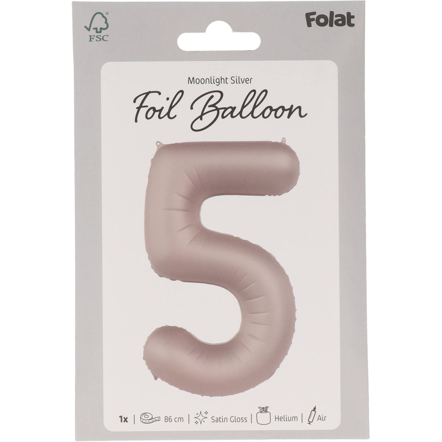 Foil balloon Number 5 - Moonlight Silver - Satin Gloss - 86 cm
