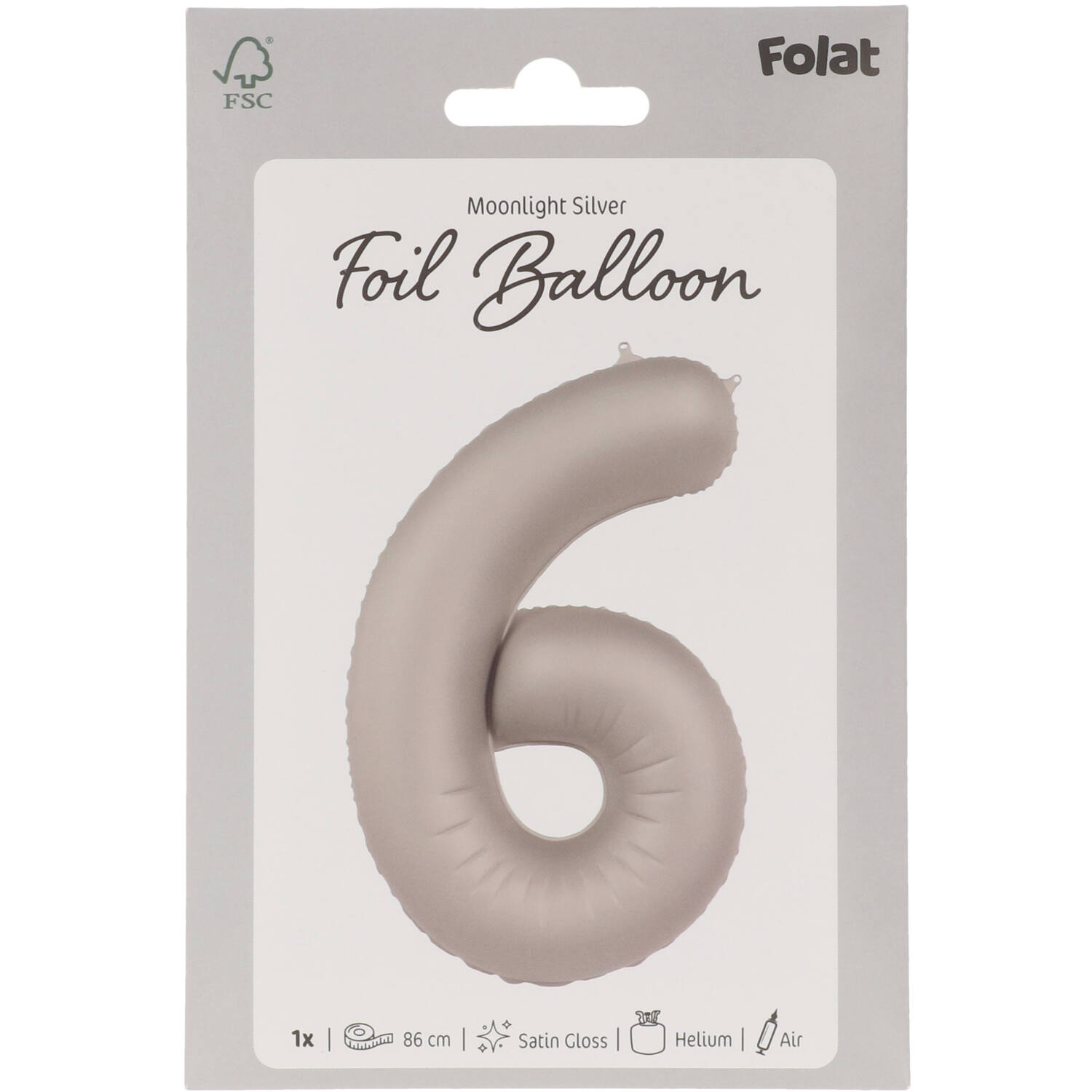 Foil balloon Number 6 - Moonlight Silver - Satin Gloss - 86 cm