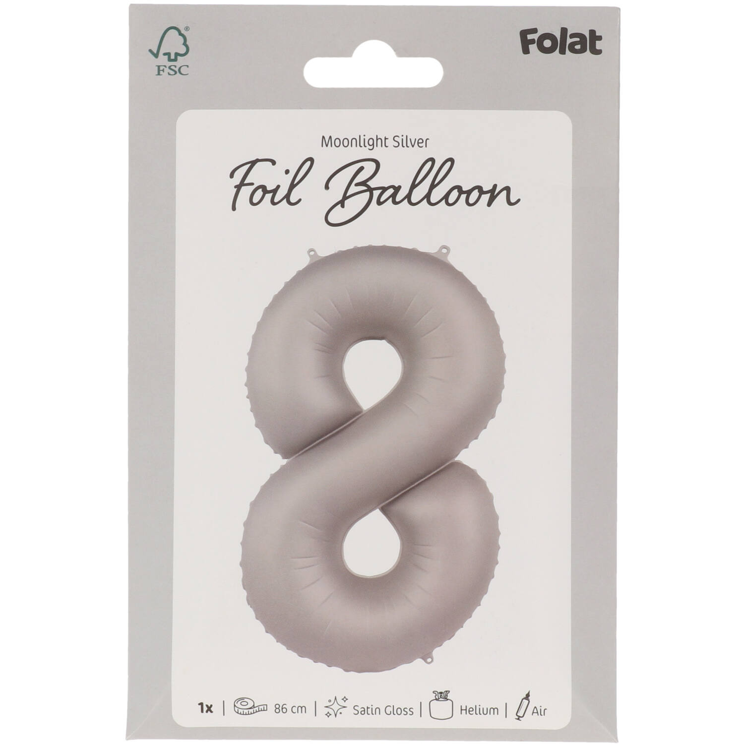 Foil balloon Number 8 - Moonlight Silver - Satin Gloss - 86 cm