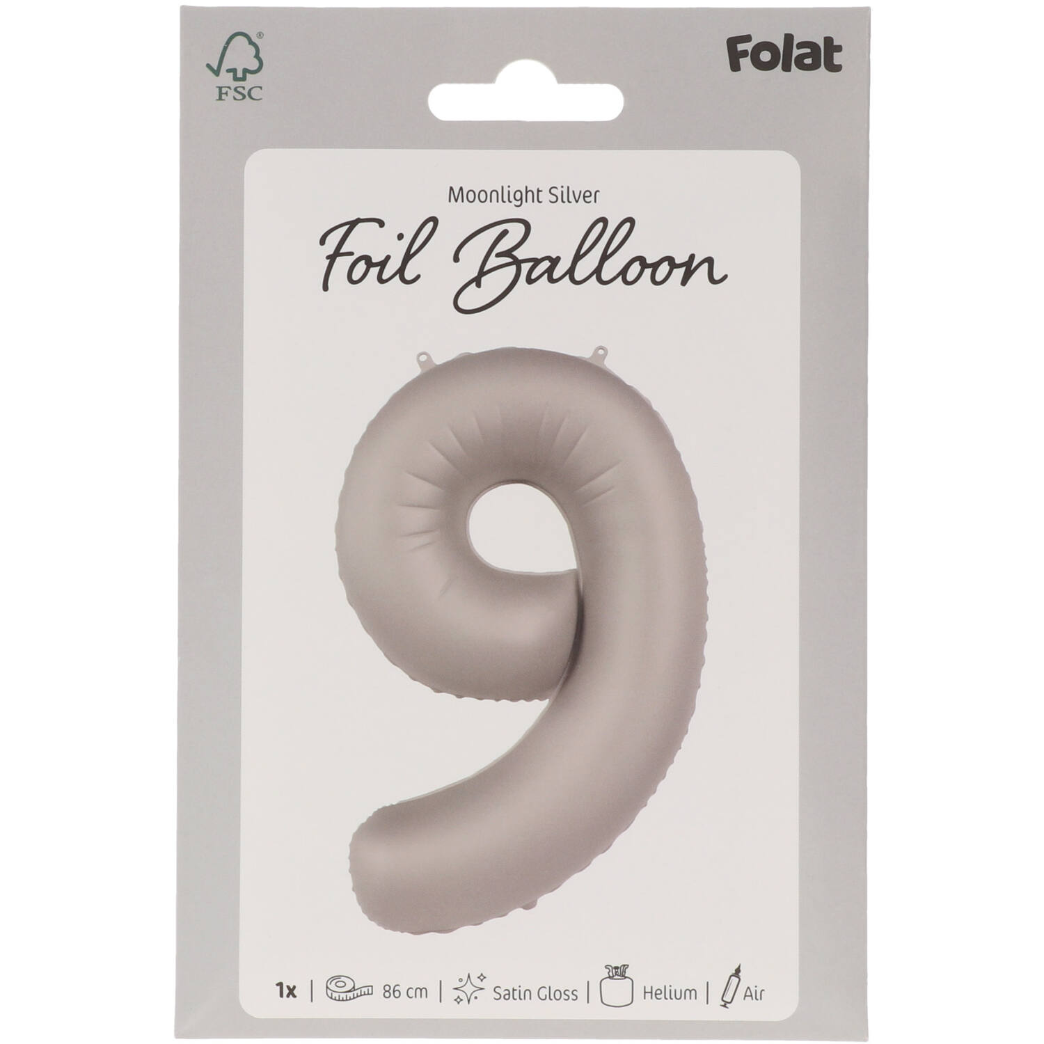 Foil balloon Number 9 - Moonlight Silver - Satin Gloss - 86 cm