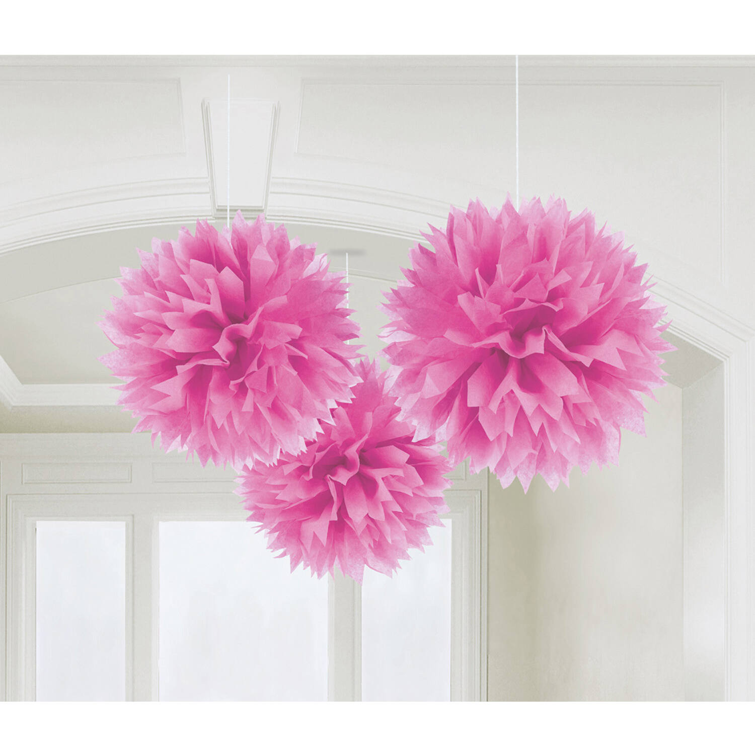 3 Fluffy Decorations Bright Pink Paper 40.6cm