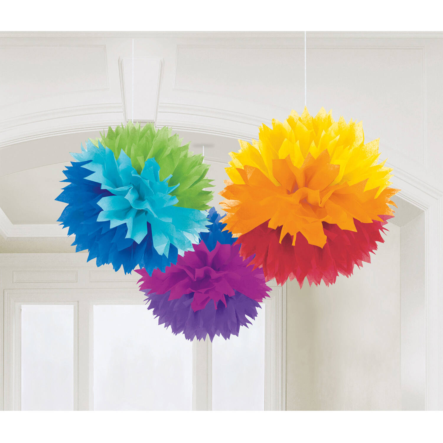 3 Fluffy Decorations Rainbow Paper 40.6 cm
