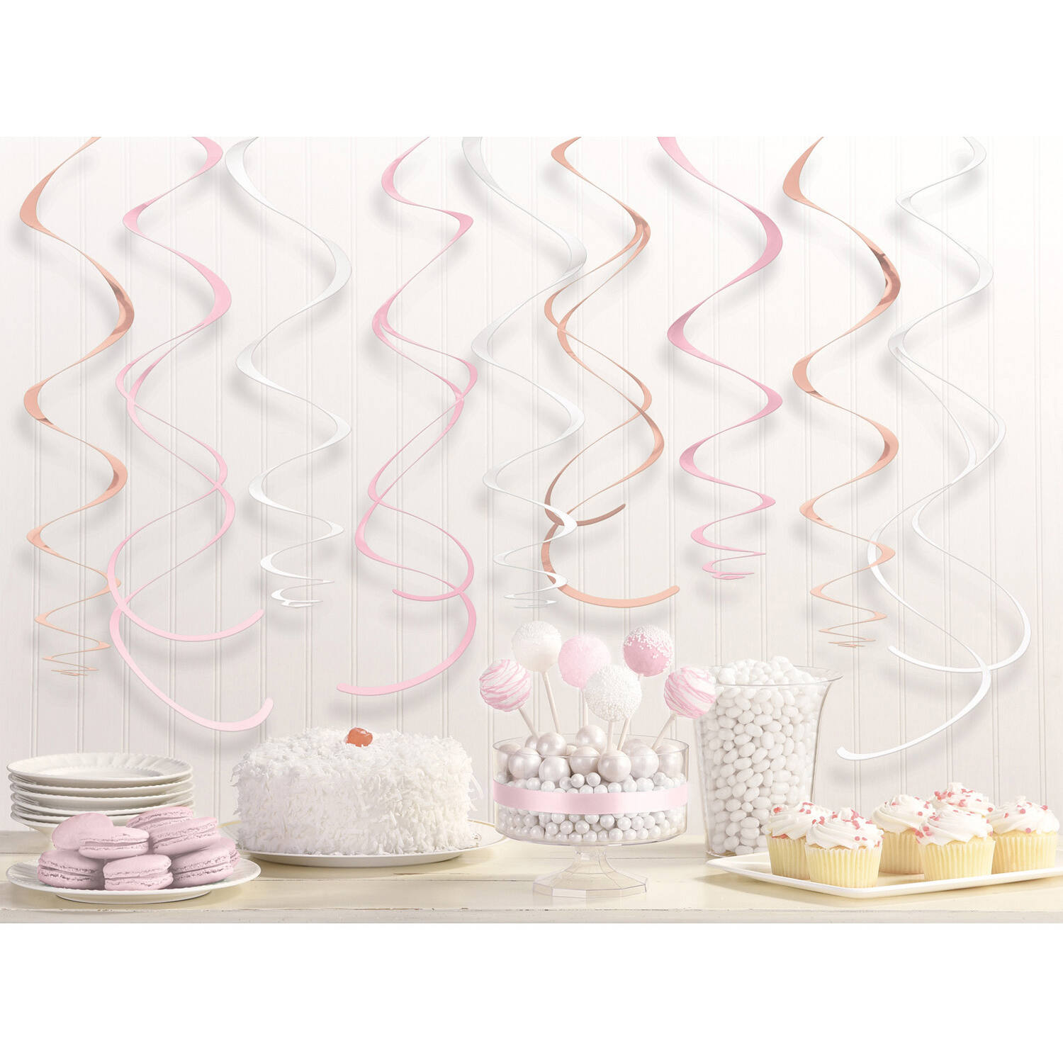 12 Swirl Decorations Rose Gold Blush Foil 55.8 cm