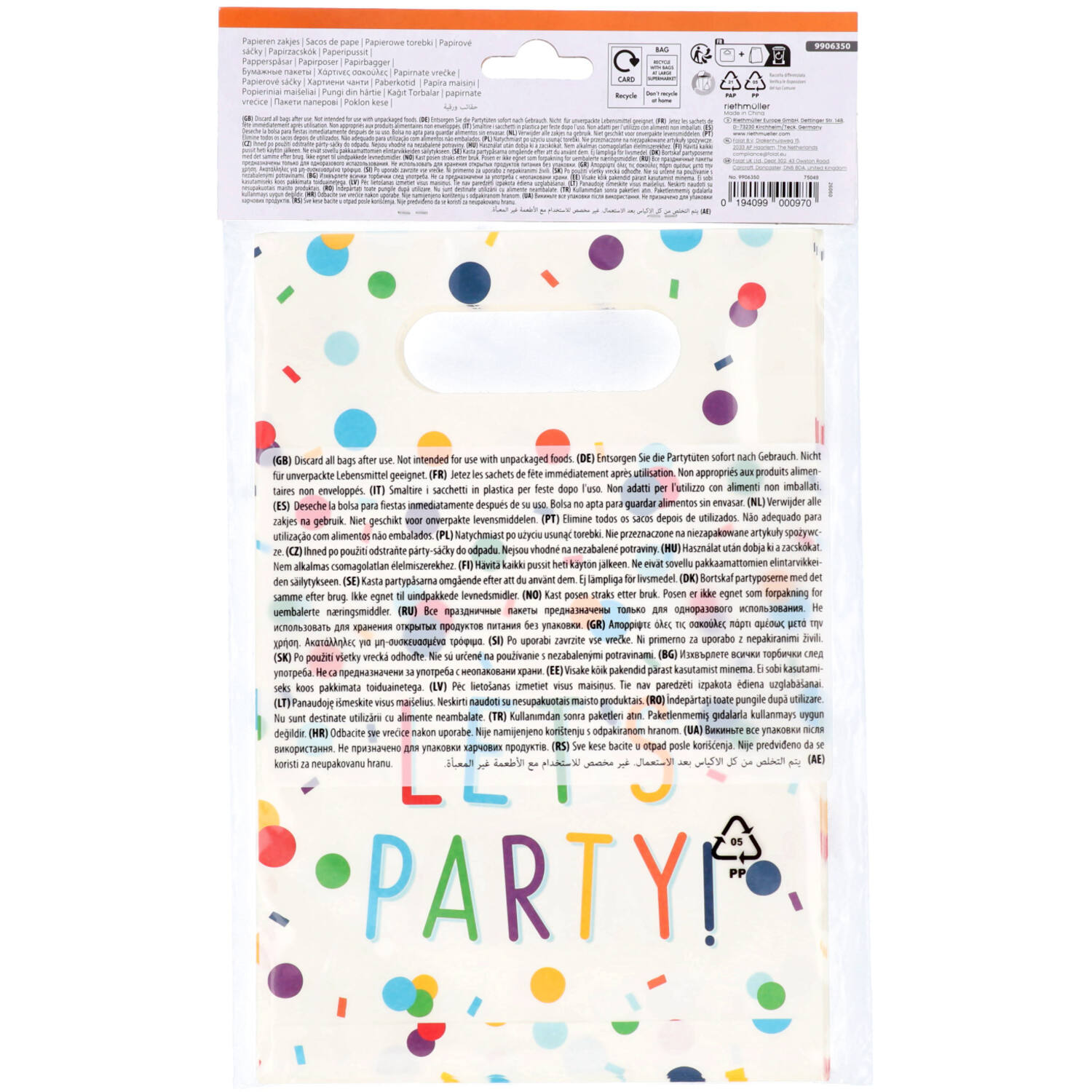 Gift Bags - Confetti "LET'S PARTY" - 15 x 23 cm - 8 pieces