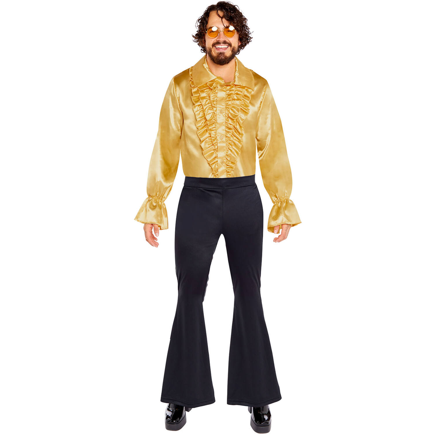 Adult Costume Satin Ruffle Shirt Gold Size XL