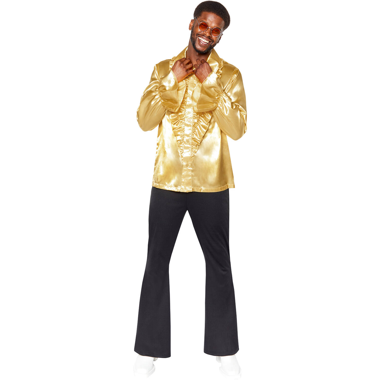Adult Costume Satin Ruffle Shirt Gold Size XL