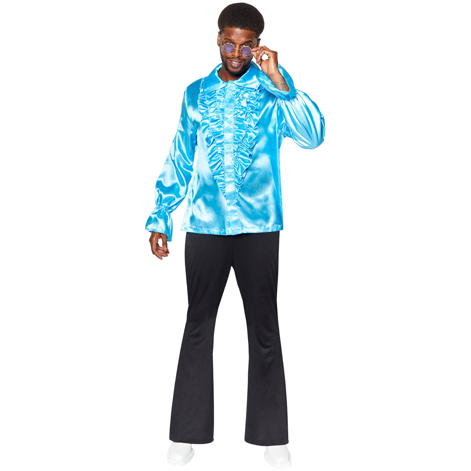Adult Costume Satin Ruffle Shirt Blue Size Small