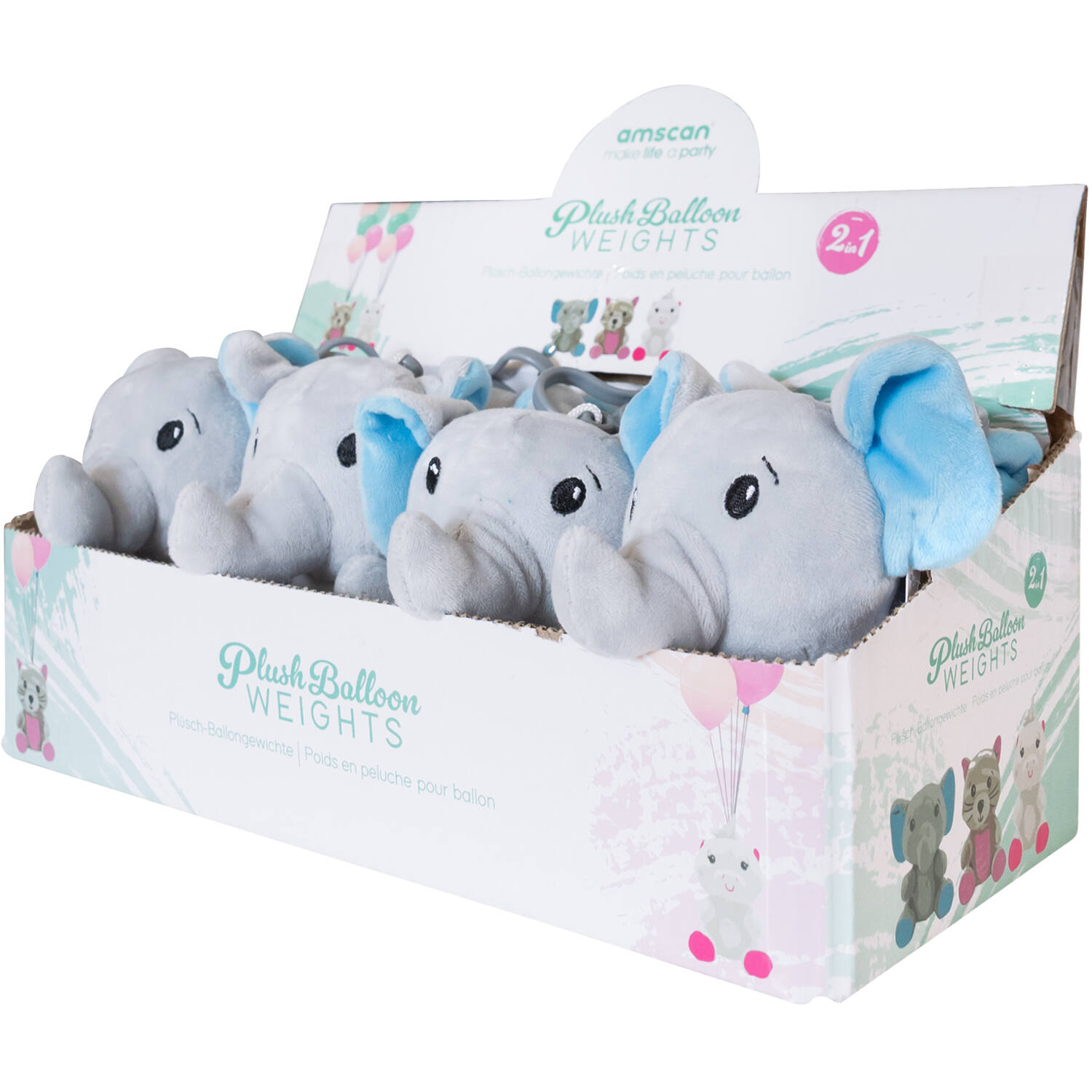 2-in-1 plush toy balloon weight elephant with blue ears, with hook, 11cm, 90g