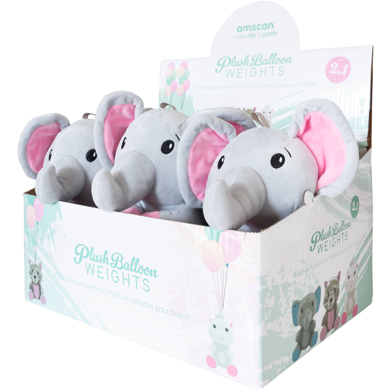 2-in-1 plush toy balloon weight elephant with pink ears, with loop, 21cm, 170g