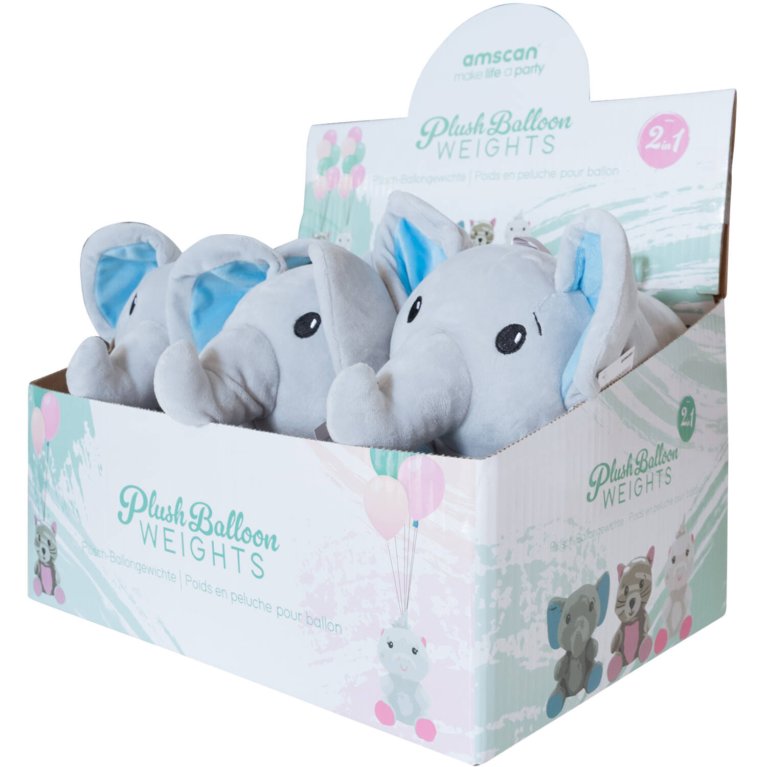 2-in-1 plush toy balloon weight elephant with blue ears, with loop, 21cm, 170g