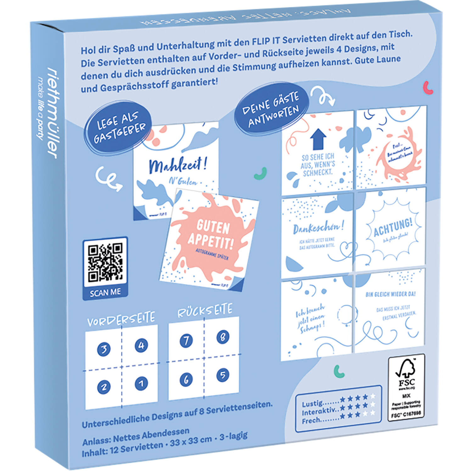 12 Flip napkins "nettes Abendessen" 33x33cm, double-sided printed