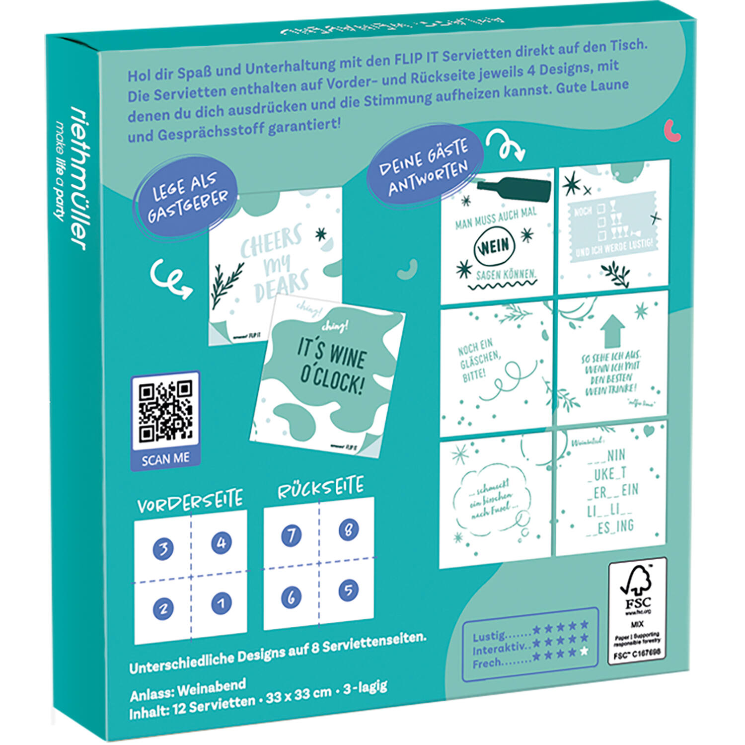 12 Flip napkins "Weinabend" 33x33cm, double-sided printed