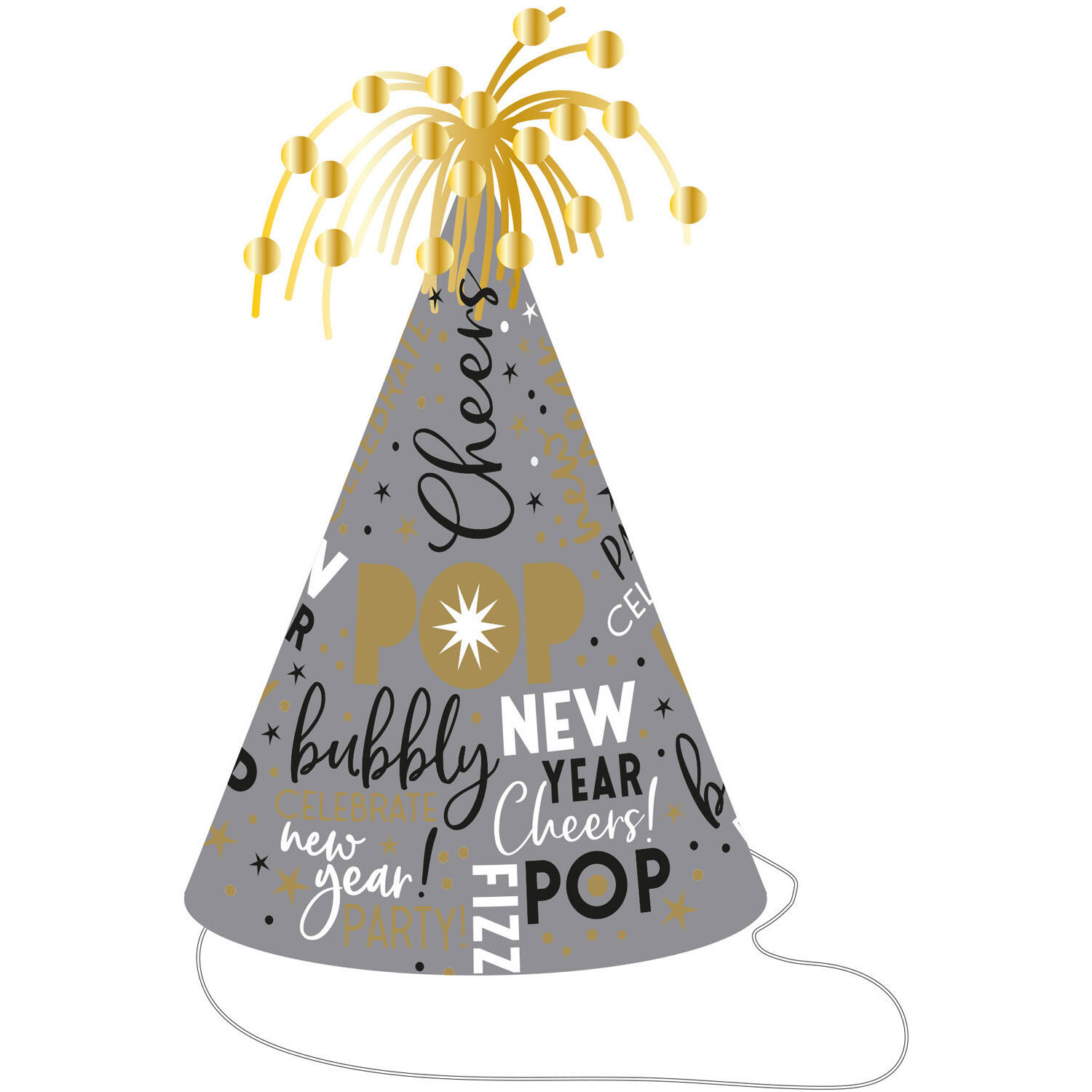 Cone Hat with Tinsel "Happy New Year" Paper / Foil Silver / Gold Height 23,5 cm