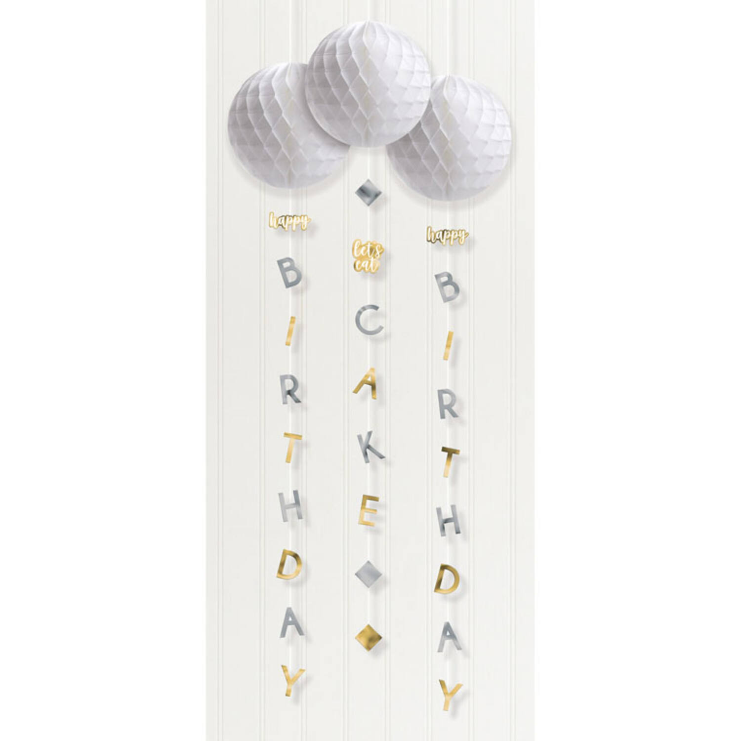 3 Honeycomb Decorations With Tails Birthday Accessories Silver & Gold Paper Height 121,9cm