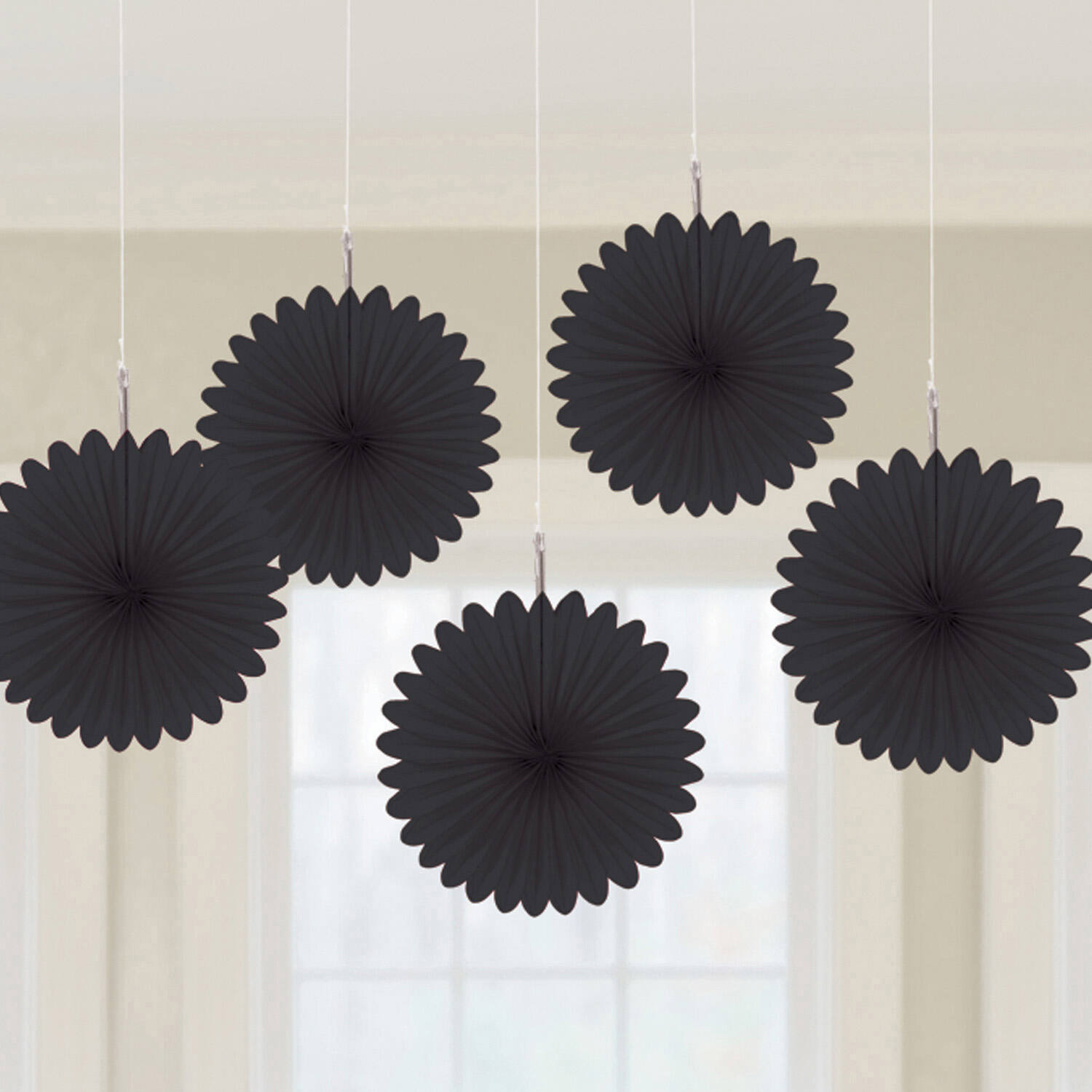 5 Fan Decorations Black Paper 15.2 cm