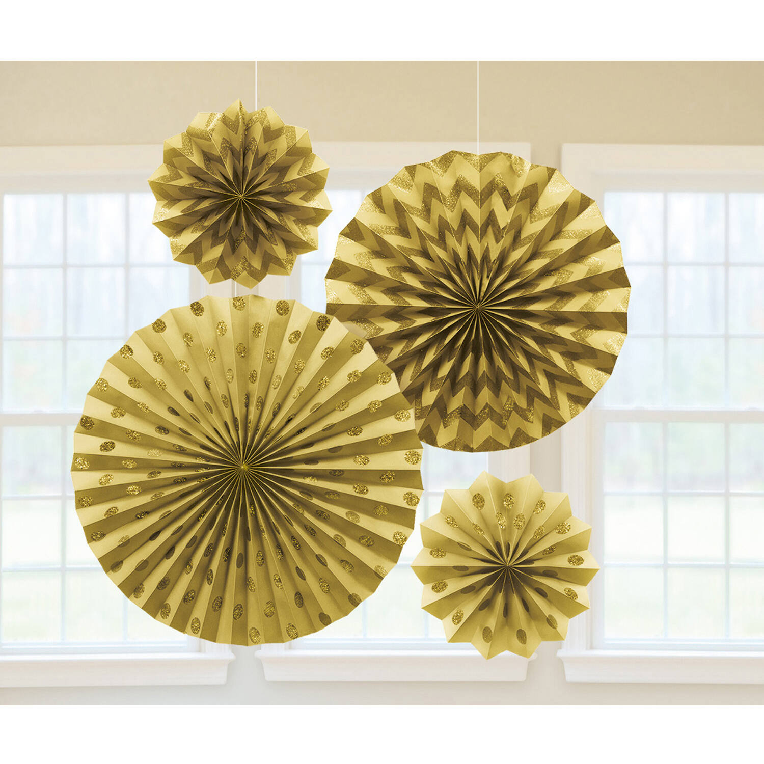 4 Fan Decorations Glitter Gold Paper 20.3 cm / 30.4 cm / 40.6 cm