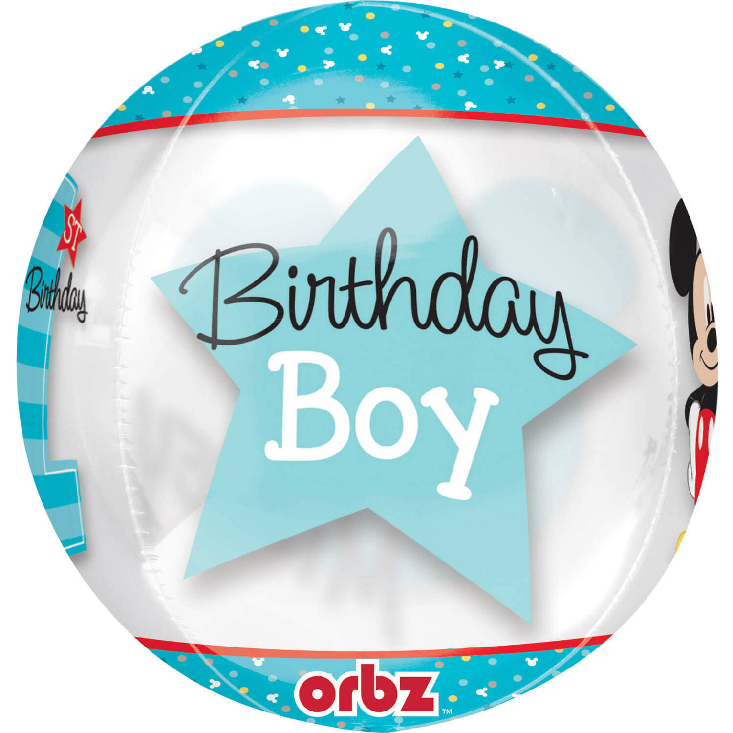 "Orbz ""Mickey 1st Birthday"" Foil Balloon Clear, G40, packed, 38 x 40