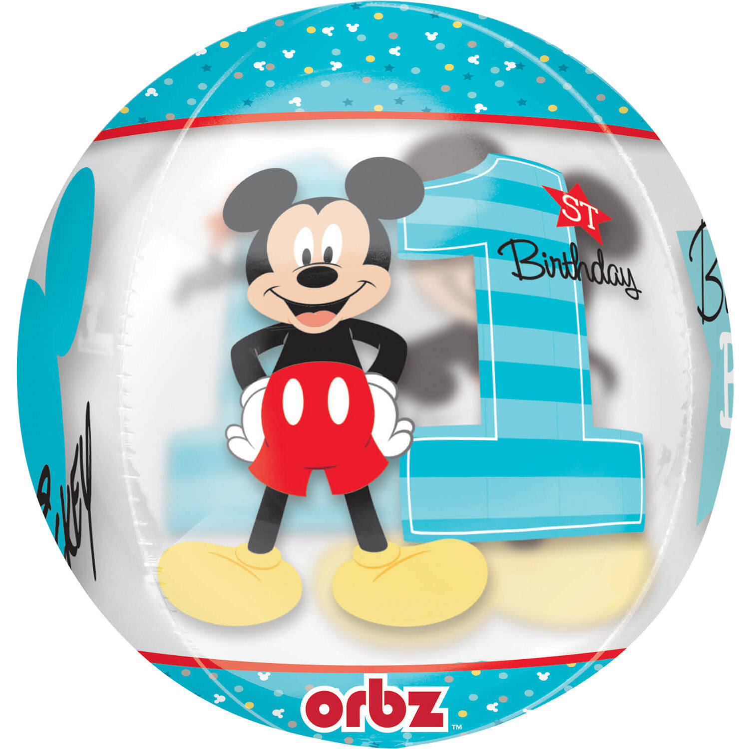 "Orbz ""Mickey 1st Birthday"" Foil Balloon Clear, G40, packed, 38 x 40