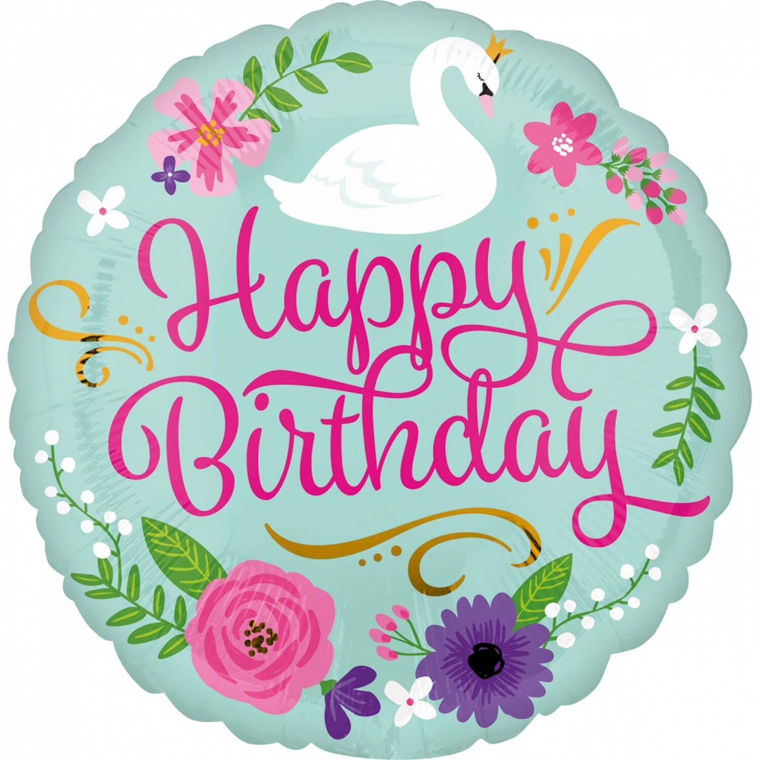 Standard HBD Floral Swan Foil Balloon S40 Packaged 43 cm