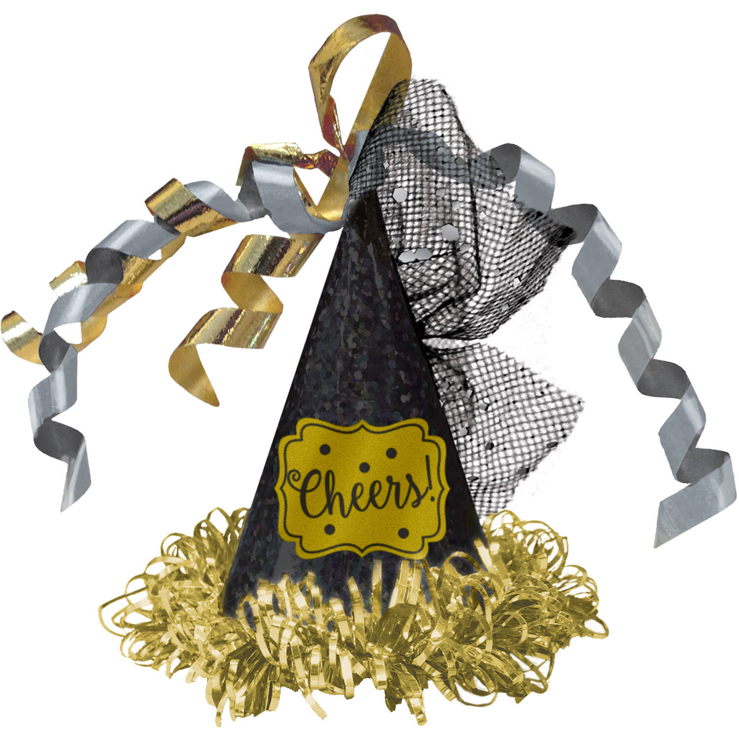 Party Cone Hat with Hair Clip New Year Silver & Gold Paper / Foil / Fabric 7.6 x 8.2 cm