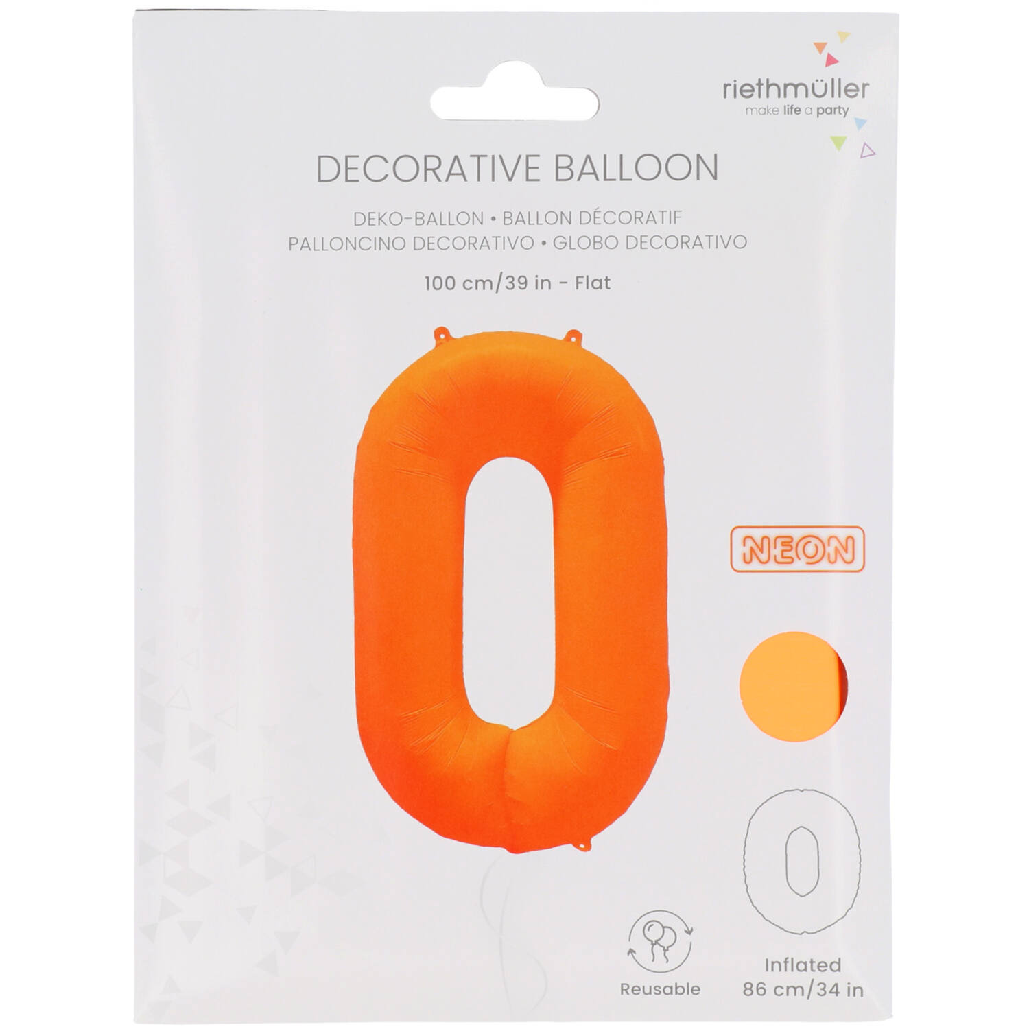 Foil Balloon Number 0 - Neon Orange - 86 cm